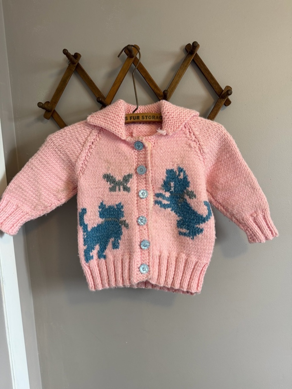 Vintage Hand Knit Pink Cat Butterfly Cardigan Sweater Size 4/5 use measurements